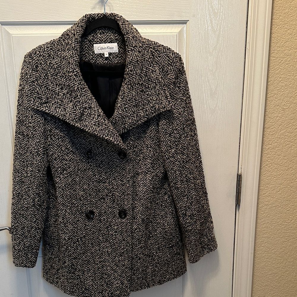 Calvin Klein Women's Classic Wool Blend Herringbone Pea Coat Gray/Black Size 10